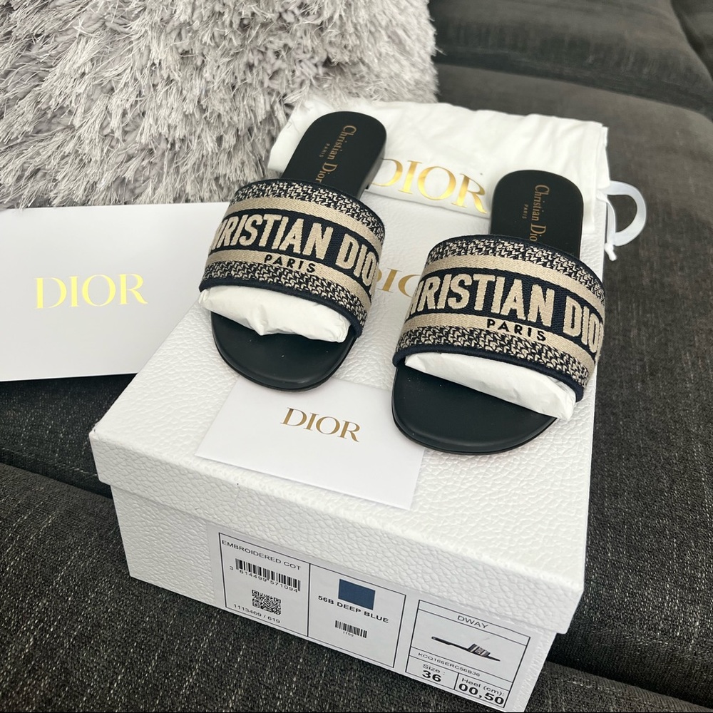 Dior Deep Blue Embroidered Slides. Gently worn, great condition!